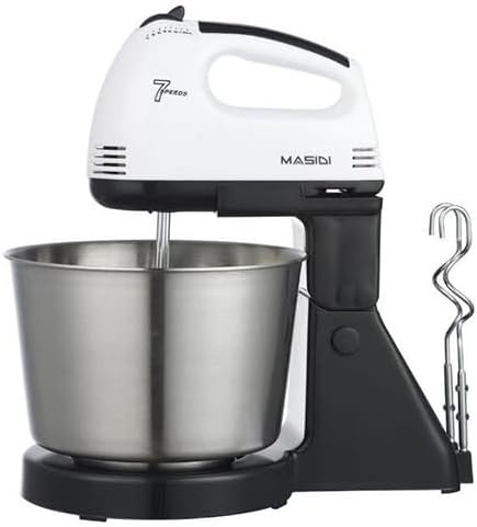 Electric Stand Mixer with Bowl, 7 Speed Settings, Stainless Steel Bowl, White and Black