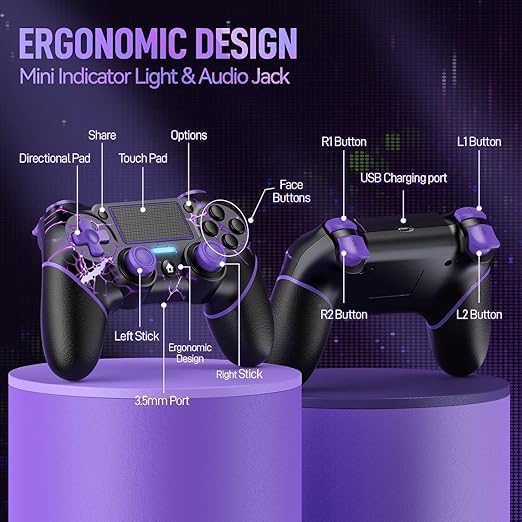Wireless Gaming Controller for PS4, Custom Purple Lightning Design, Black and Purple