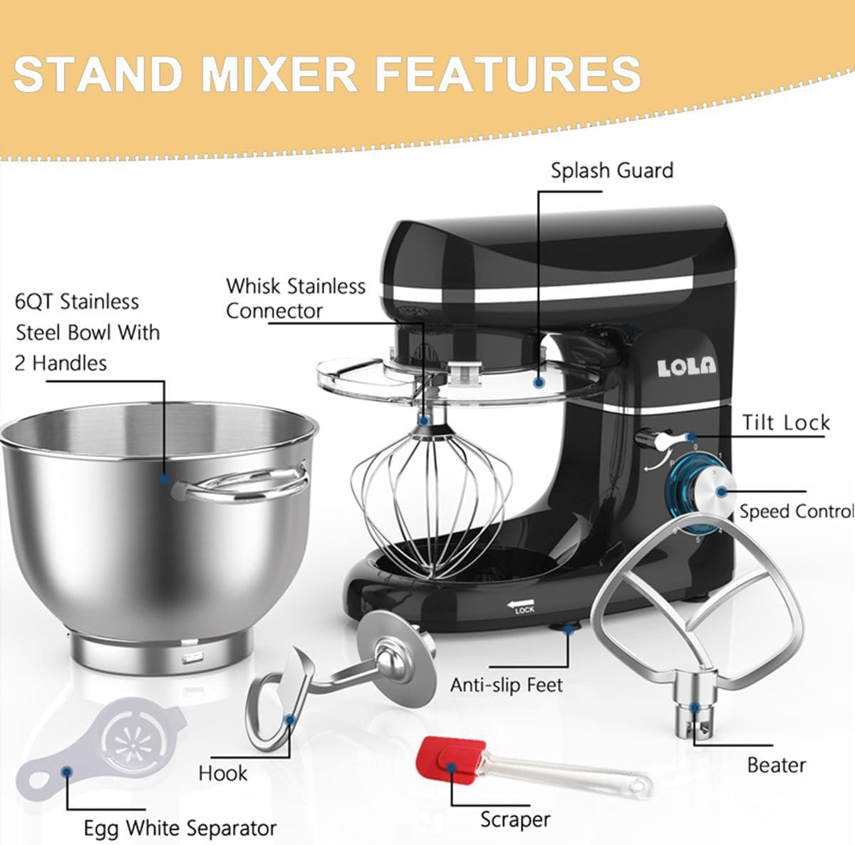 Lola 5.5L Stand Mixer 1100W Kitchen Machine Stand Bowl Mixer for Baking,Kitchen Electric Mixer with Dough Hook, Whisk & Beater