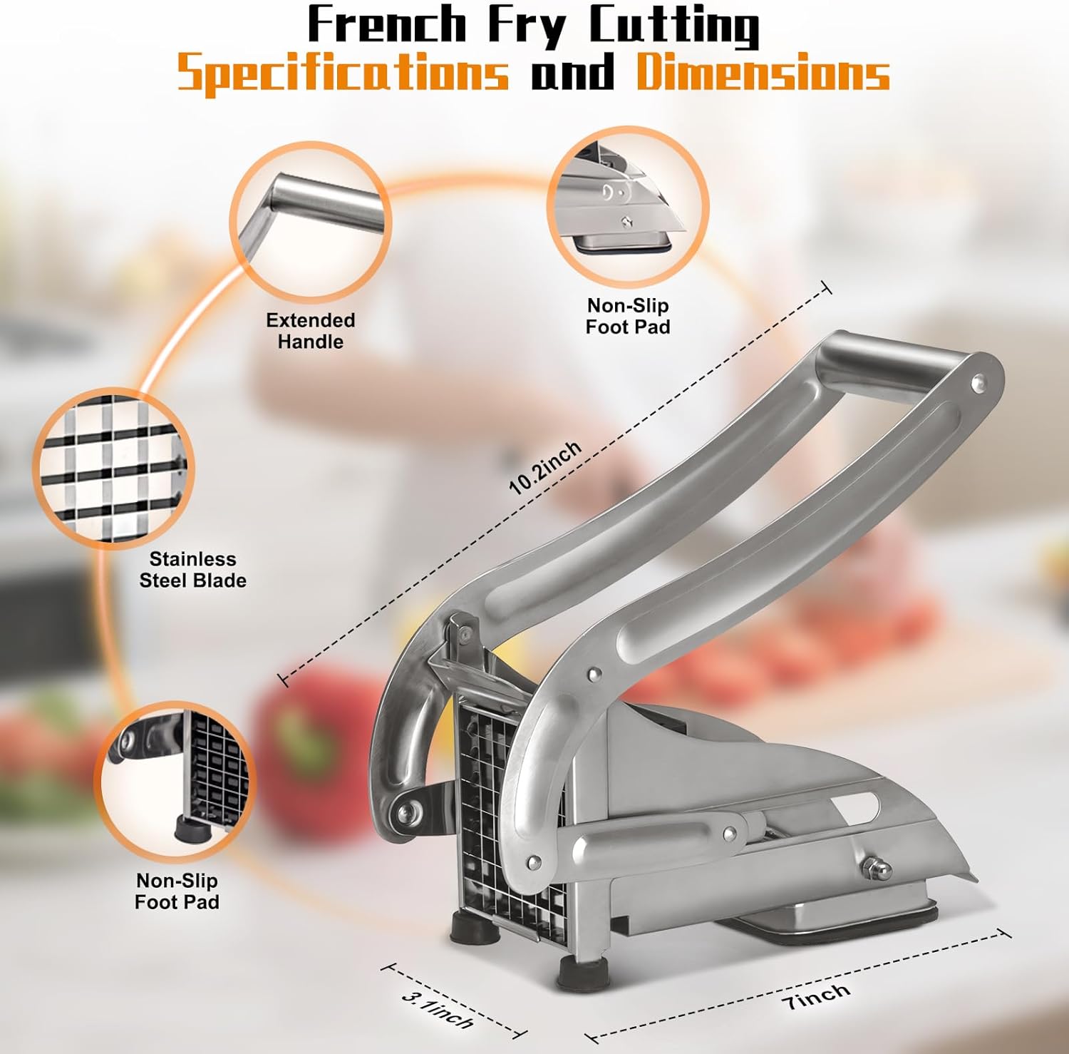 French Fry Cutter, COOK A FUTURE Stainless Steel Potato Cutter, Potato Slicer, Includes 2 Blade Size Cutter Options and No-Slip Suction Base, Perfect for use with Air Fryer