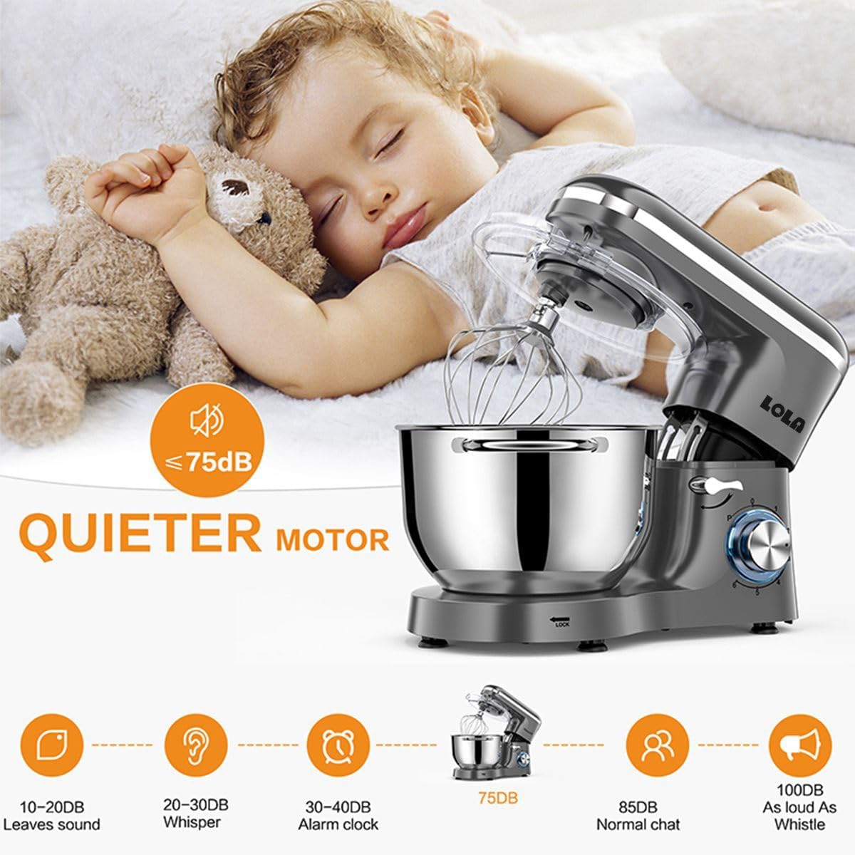 Lola 1100W Kitchen Machine Stand Mixer 6.2L Stand Bowl Mixer-Grey