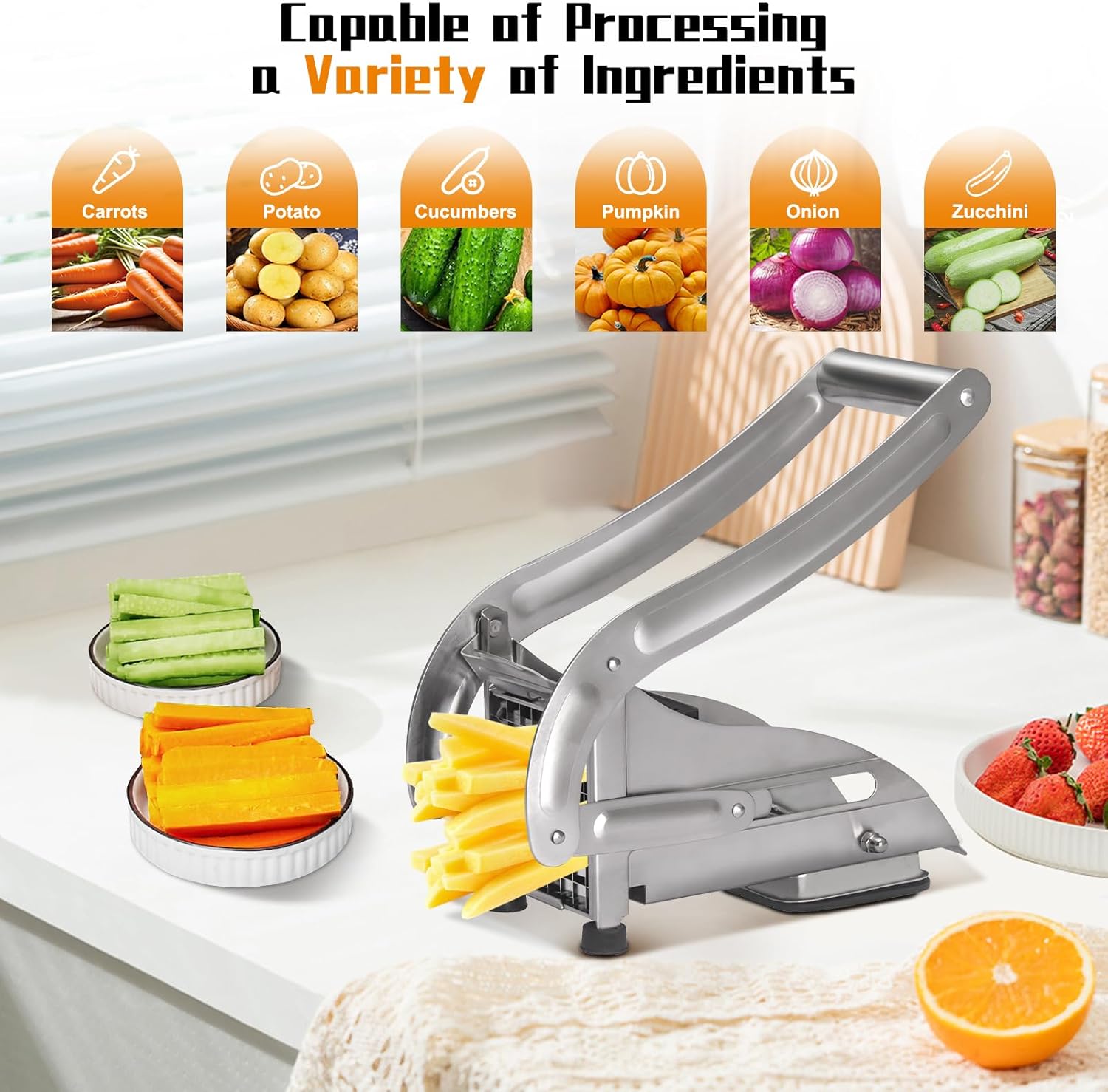 French Fry Cutter, COOK A FUTURE Stainless Steel Potato Cutter, Potato Slicer, Includes 2 Blade Size Cutter Options and No-Slip Suction Base, Perfect for use with Air Fryer