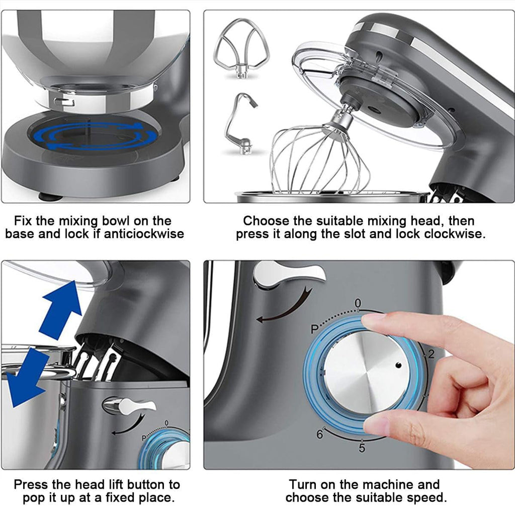 Lola 1100W Kitchen Machine Stand Mixer 6.2L Stand Bowl Mixer-Grey