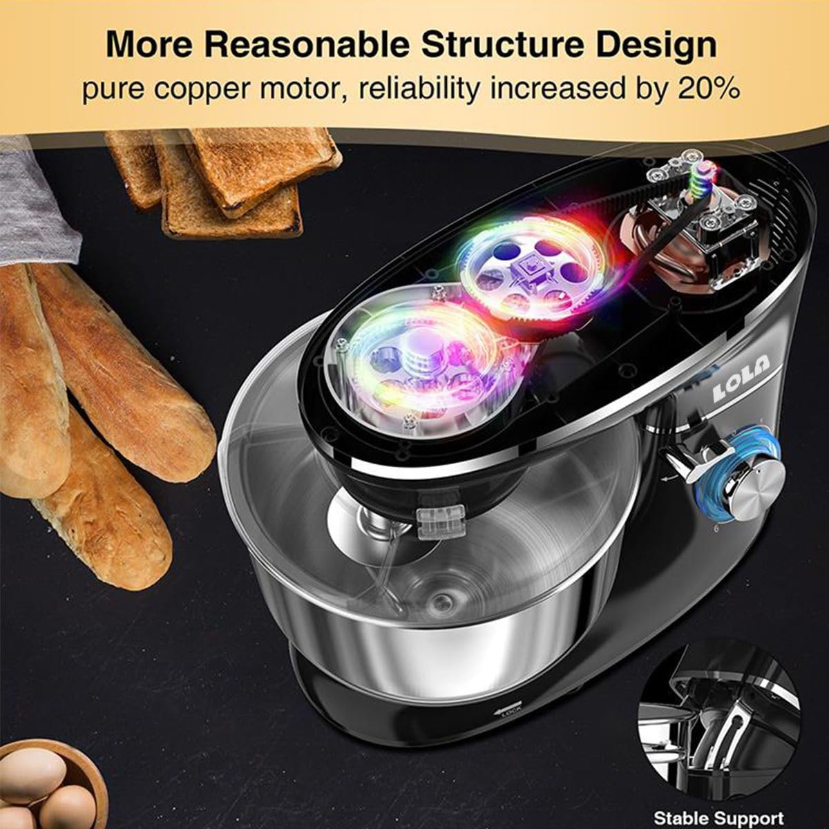 Lola 5.5L Stand Mixer 1100W Kitchen Machine Stand Bowl Mixer for Baking,Kitchen Electric Mixer with Dough Hook, Whisk & Beater