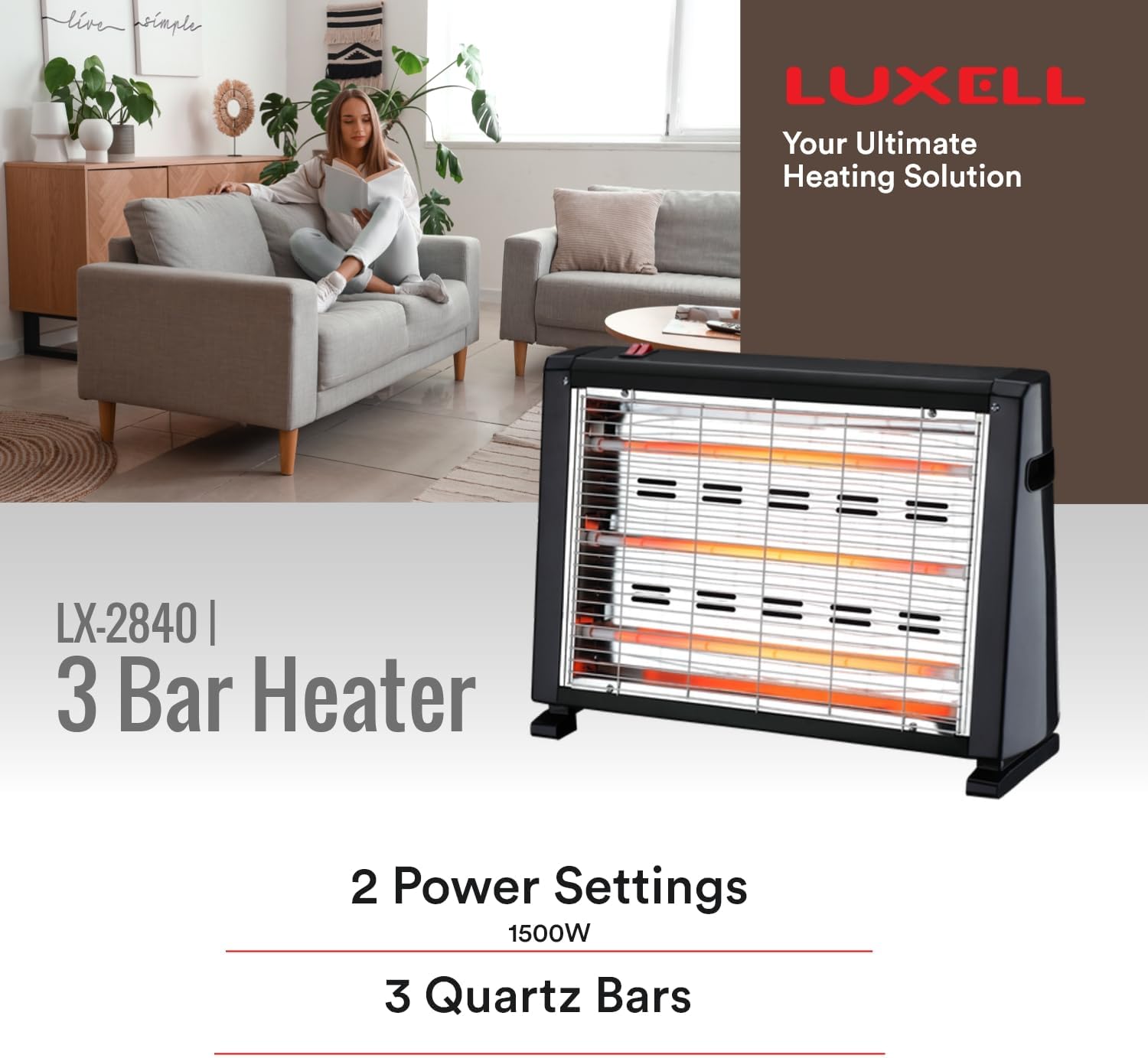 LUXELL - 4 Quartz Bar Heater with Safety Switch - 1500W - LX2850C Black