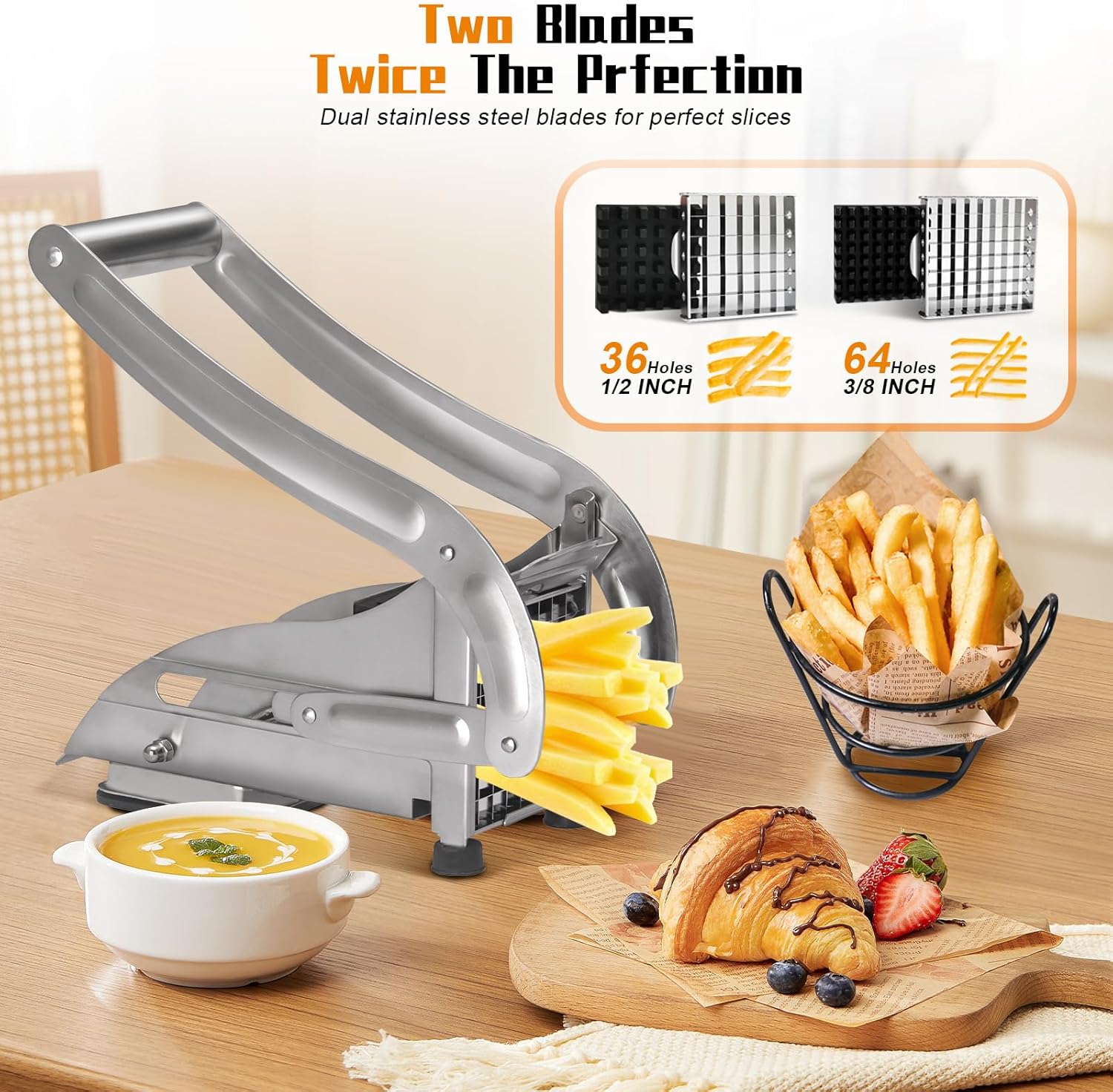 French Fry Cutter, COOK A FUTURE Stainless Steel Potato Cutter, Potato Slicer, Includes 2 Blade Size Cutter Options and No-Slip Suction Base, Perfect for use with Air Fryer