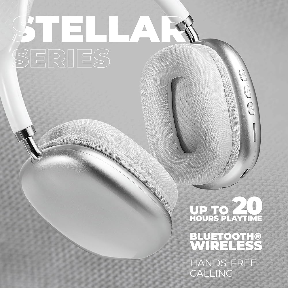 Amplify Stellar Series Bluetooth Headphones | 55H Playtime Wireless Over-Ear Headphones | USB-C Charging | AUX Mode | Built-In Mic | 40mm Drivers | White