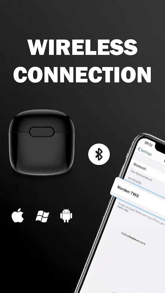 Norden Echo TWS Bluetooth Earphones, Wireless Bluetooth 5.0 Earbuds with Charging Case, 10m Range, Long Battery Life, Compact and Lightweight Design (Black)