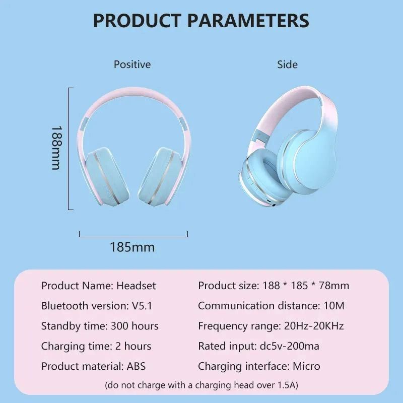 Cozy Bluetooth Wireless Stereo Headphones Soft Earmuffs,Noise Reduction - Gradient Blue
