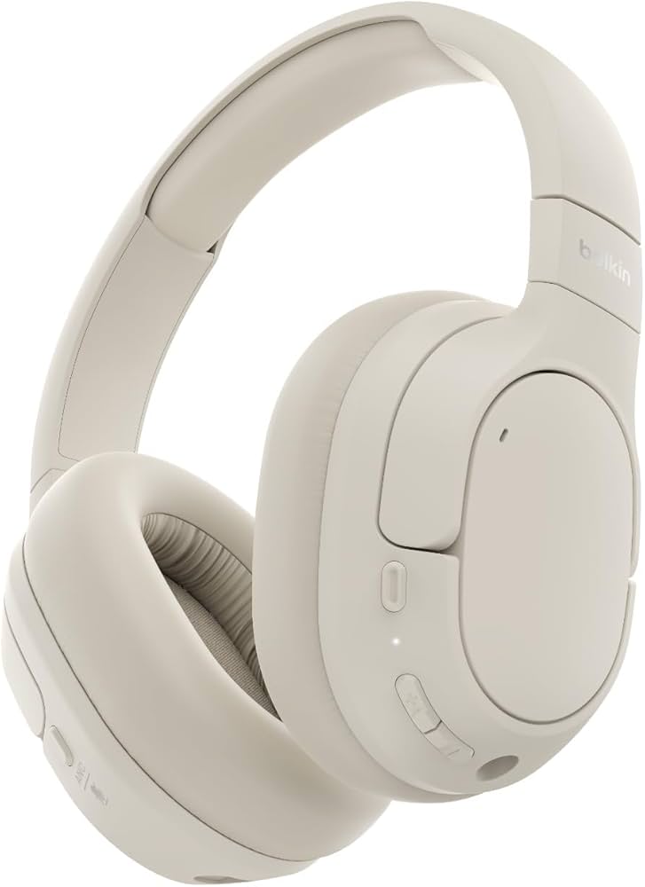 Belkin SoundForm Isolate Noise-Cancelling Wireless Headphones, over ear headphones with mic, Bluetooth headphones with 60H playtime, deep bass, CloudCushion ear cups for travel, home, office - Sand