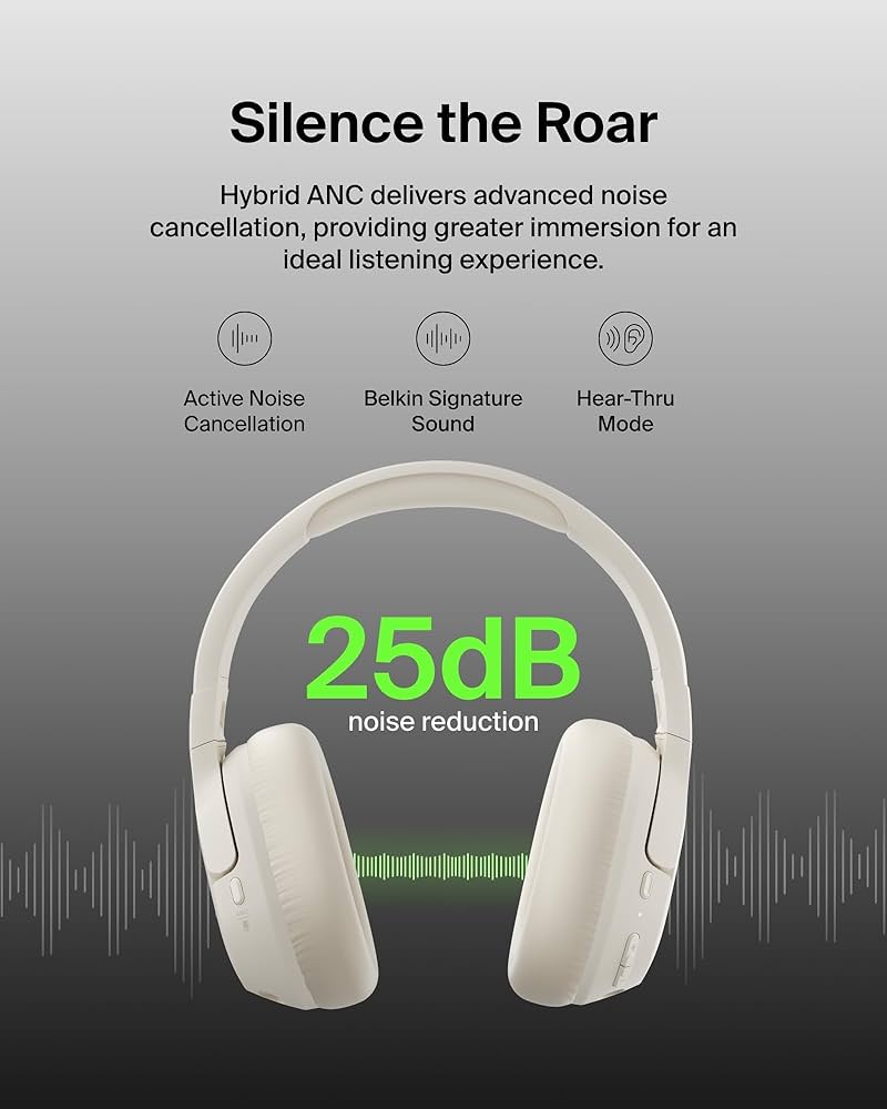 Belkin SoundForm Isolate Noise-Cancelling Wireless Headphones, over ear headphones with mic, Bluetooth headphones with 60H playtime, deep bass, CloudCushion ear cups for travel, home, office - Sand