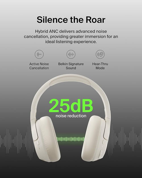 Belkin SoundForm Isolate Noise-Cancelling Wireless Headphones, over ear headphones with mic, Bluetooth headphones with 60H playtime, deep bass, CloudCushion ear cups for travel, home, office - Sand