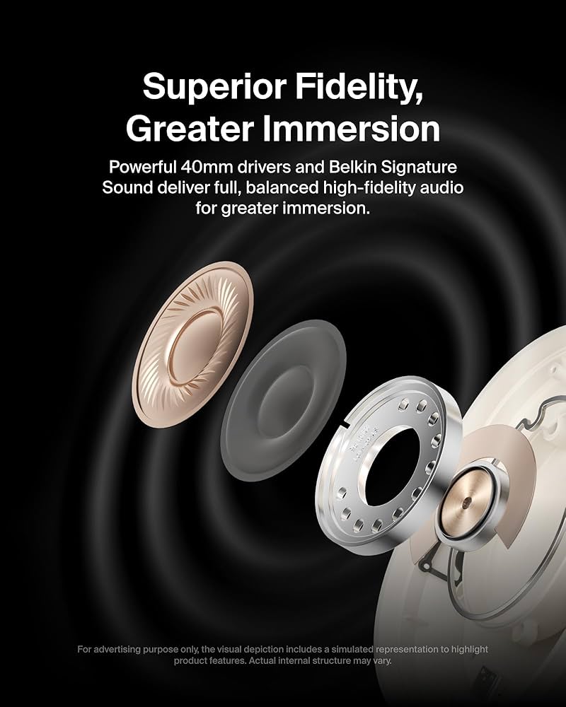 Belkin SoundForm Isolate Noise-Cancelling Wireless Headphones, over ear headphones with mic, Bluetooth headphones with 60H playtime, deep bass, CloudCushion ear cups for travel, home, office - Sand