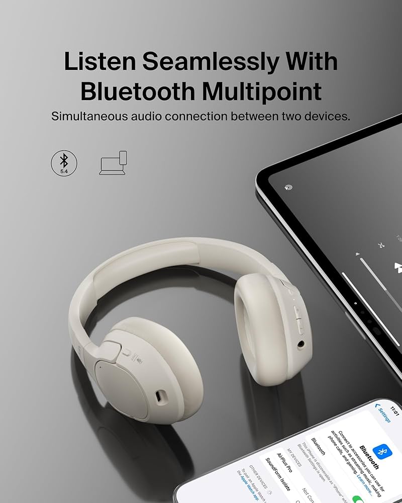 Belkin SoundForm Isolate Noise-Cancelling Wireless Headphones, over ear headphones with mic, Bluetooth headphones with 60H playtime, deep bass, CloudCushion ear cups for travel, home, office - Sand