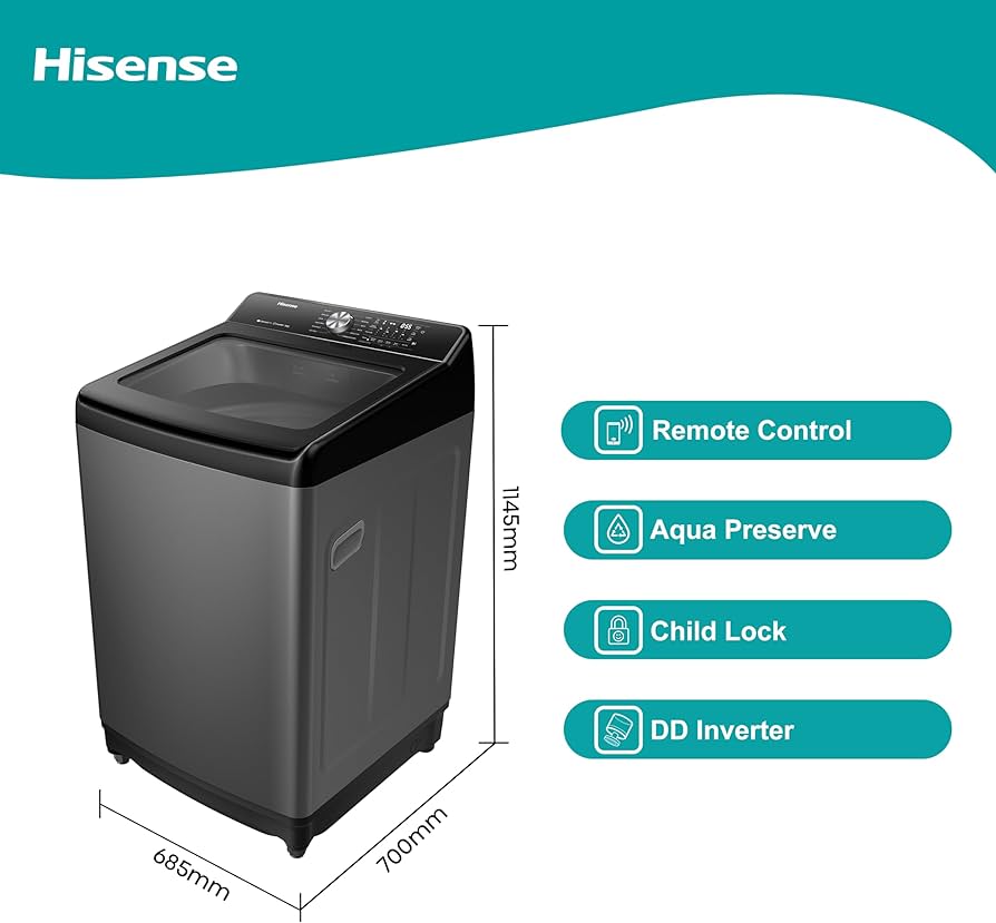 Hisense Top Loader Washing Machine, 18 Kg Load Capacity, Black