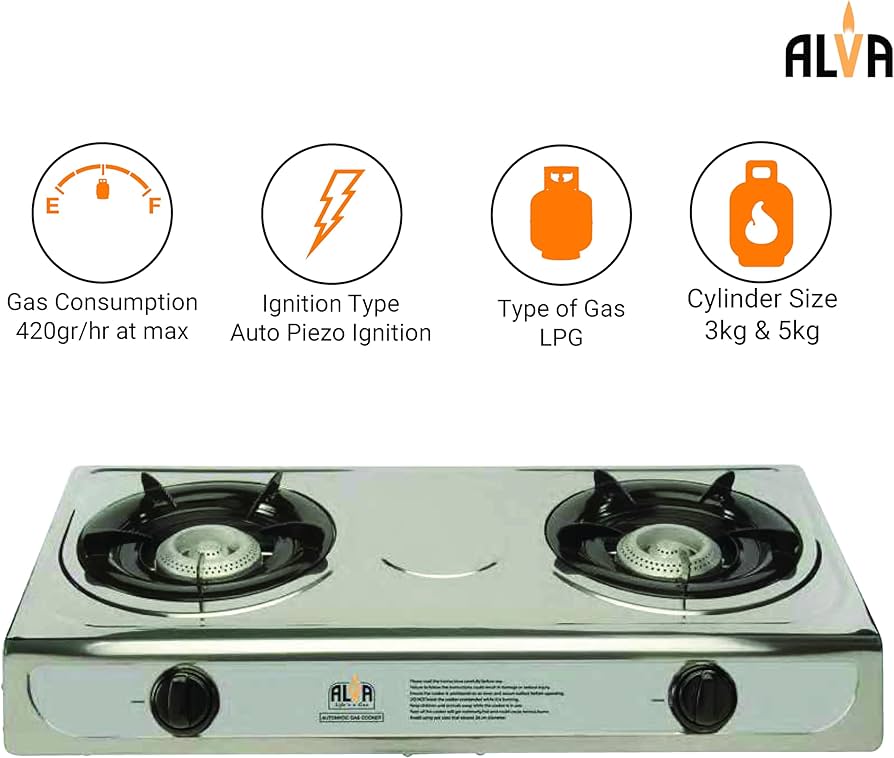 ALVA Double Burner LP Gas Stove with Stainless Steel Body and Auto Ignition for Home, Camping, 4x4ing, 2 Plate, LPGSA Certified, 12 Month Warranty