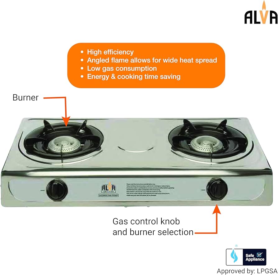 ALVA Double Burner LP Gas Stove with Stainless Steel Body and Auto Ignition for Home, Camping, 4x4ing, 2 Plate, LPGSA Certified, 12 Month Warranty