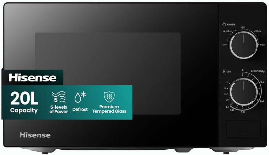 Hisense 20L Microwave, 5 Power Levels, Defrost Function, Premium Tempered Glass