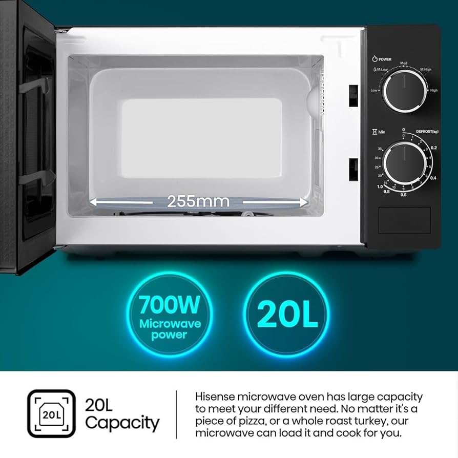 Hisense 20L Microwave, 5 Power Levels, Defrost Function, Premium Tempered Glass